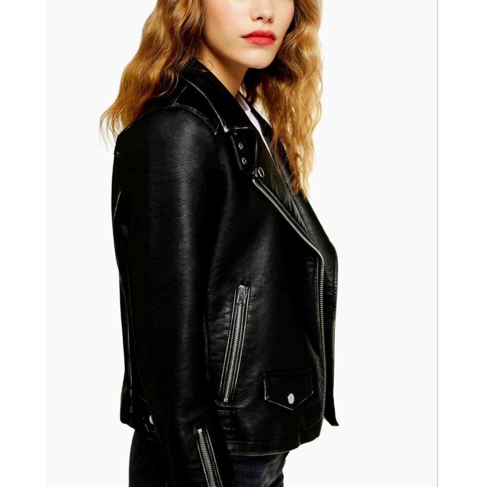 Topshop (Tall) Black Faux Leather Biker Jacket